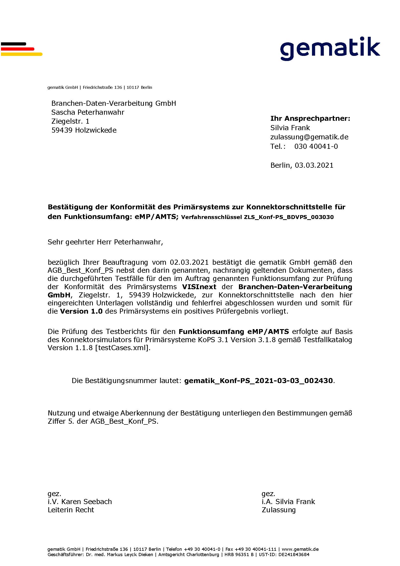 VISInext ePA-/AMTS-Modul der BDV GmbH - Telematikinfrastruktur - gematik Zulassung