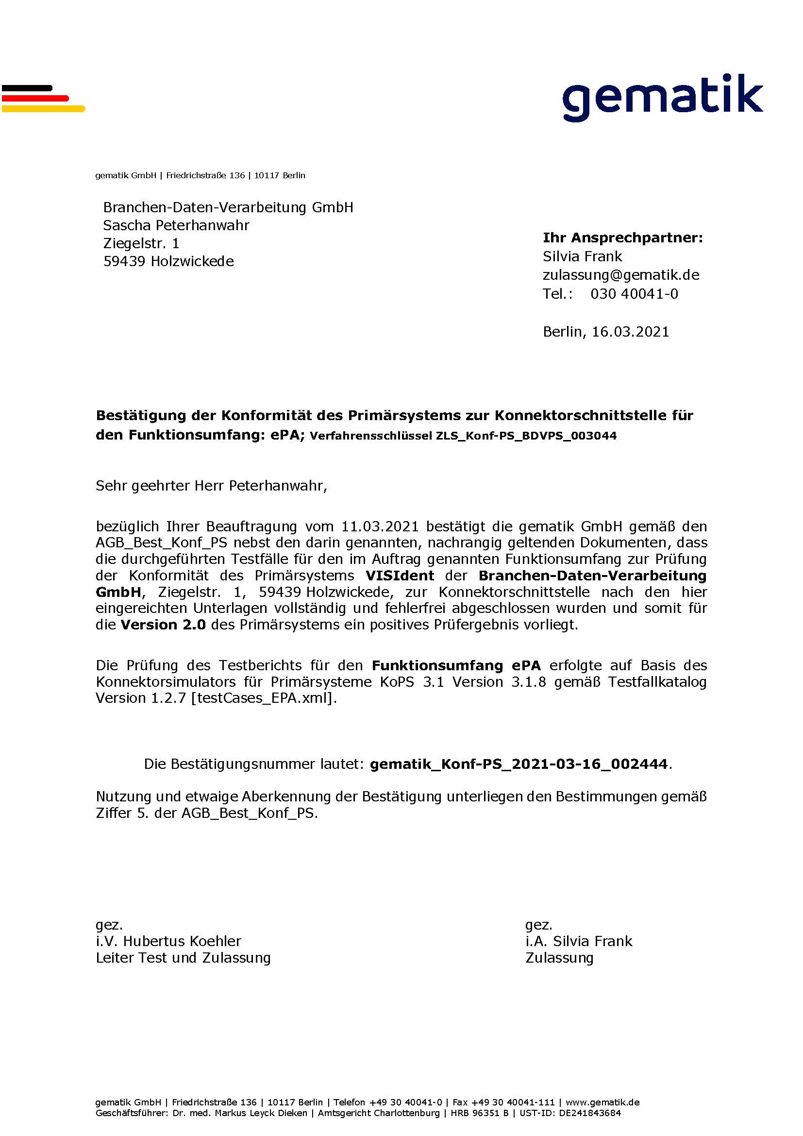 VISIdent ePA-Modul der BDV GmbH - Telematikinfrastruktur - gematik Zulassung