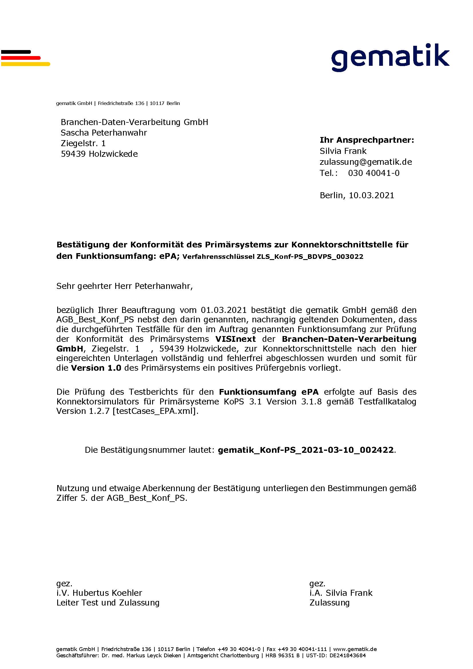 VISInext ePA-Modul der BDV GmbH - Telematikinfrastruktur - gematik Zulassung